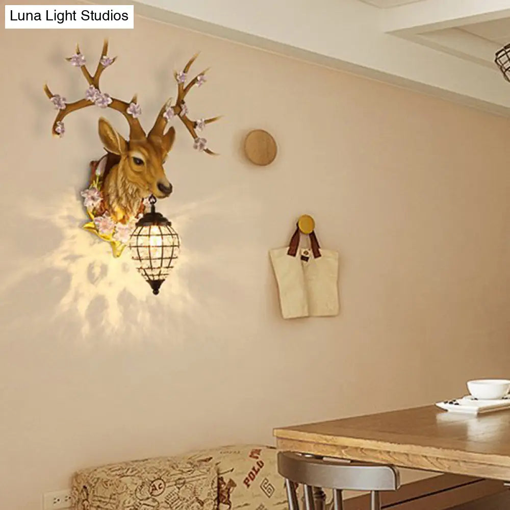 Country Style Deer Wall Sconce With Crystal Shade White/Yellow/Brown Resin Light Fixture