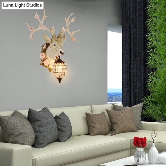 Country Style Deer Wall Sconce With Crystal Shade White/Yellow/Brown Resin Light Fixture