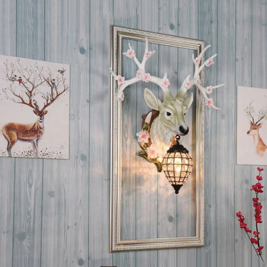 Country Style Deer Wall Sconce With Crystal Shade White/Yellow/Brown Resin Light Fixture White