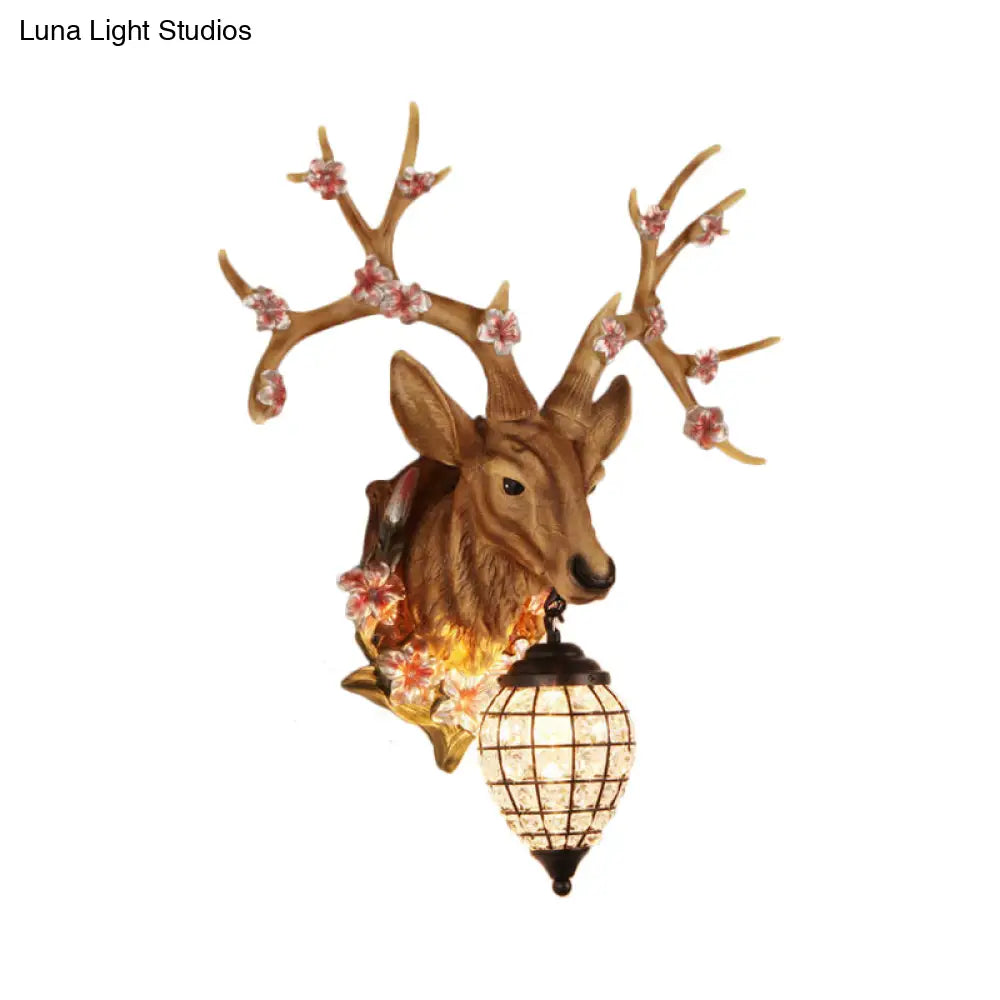 Country Style Deer Wall Sconce With Crystal Shade White/Yellow/Brown Resin Light Fixture