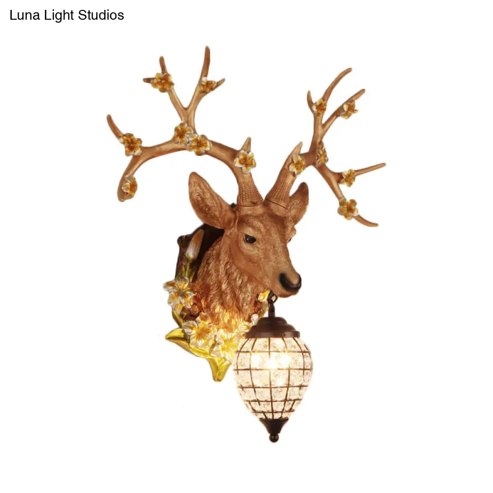 Country Style Deer Wall Sconce With Crystal Shade White/Yellow/Brown Resin Light Fixture