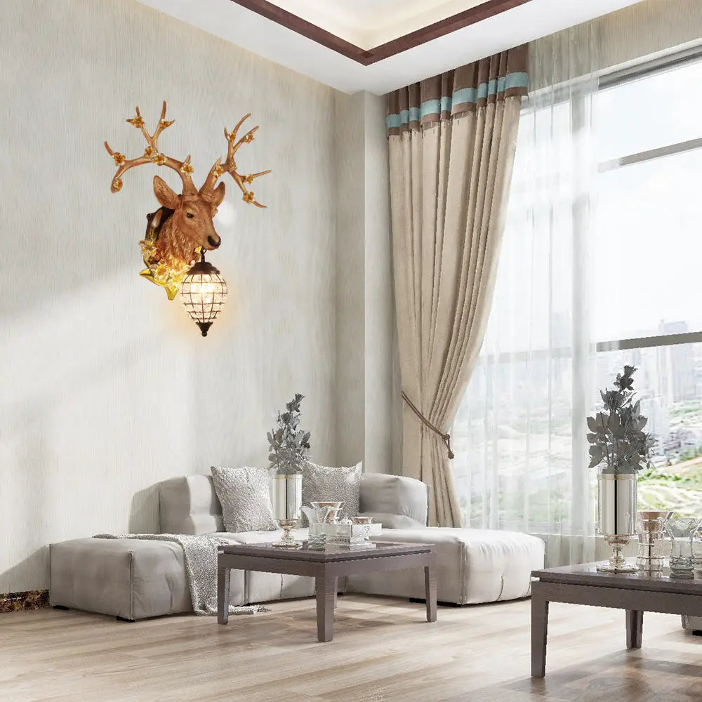 Country Style Deer Wall Sconce With Crystal Shade White/Yellow/Brown Resin Light Fixture Gold