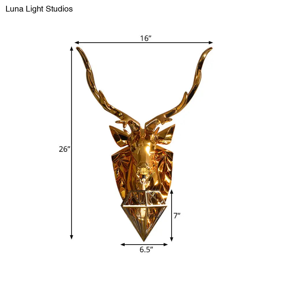 Country Style Diamond Cage Foyer Wall Light Sconce With Elk Backplate - Gold 16/26 Wide