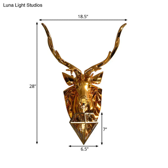 Country Style Diamond Cage Foyer Wall Light Sconce With Elk Backplate - Gold 16/26 Wide