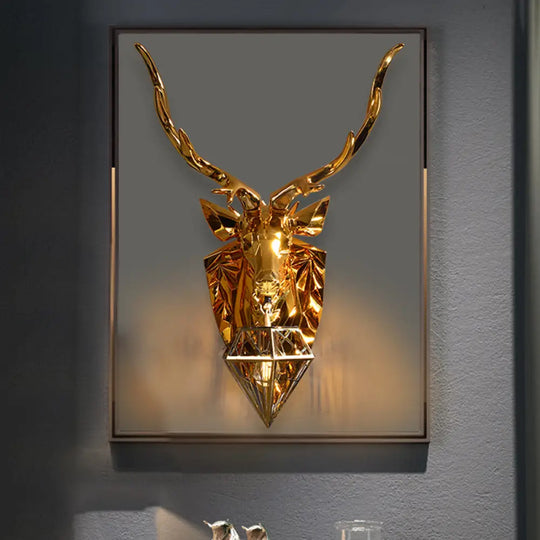 Country Style Diamond Cage Foyer Wall Light Sconce With Elk Backplate - Gold 16/26 Wide / 16