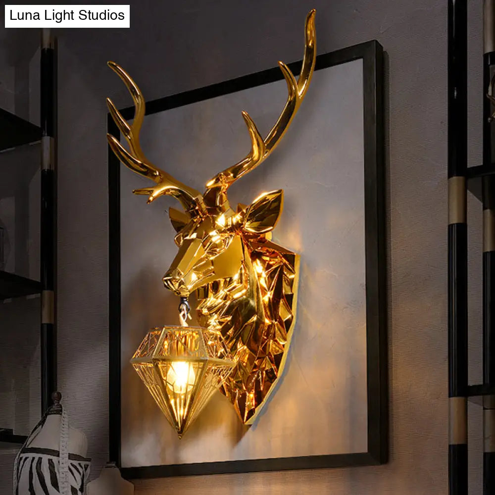 Country Style Diamond Cage Foyer Wall Light Sconce With Elk Backplate - Gold 16/26 Wide