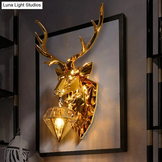 Country Style Diamond Cage Foyer Wall Light Sconce With Elk Backplate - Gold 16/26 Wide