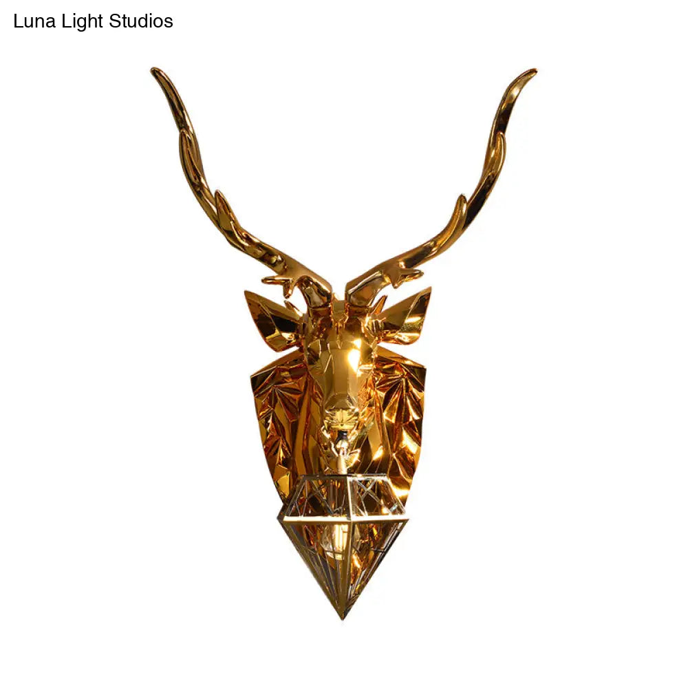 Country Style Diamond Cage Foyer Wall Light Sconce With Elk Backplate - Gold 16/26 Wide