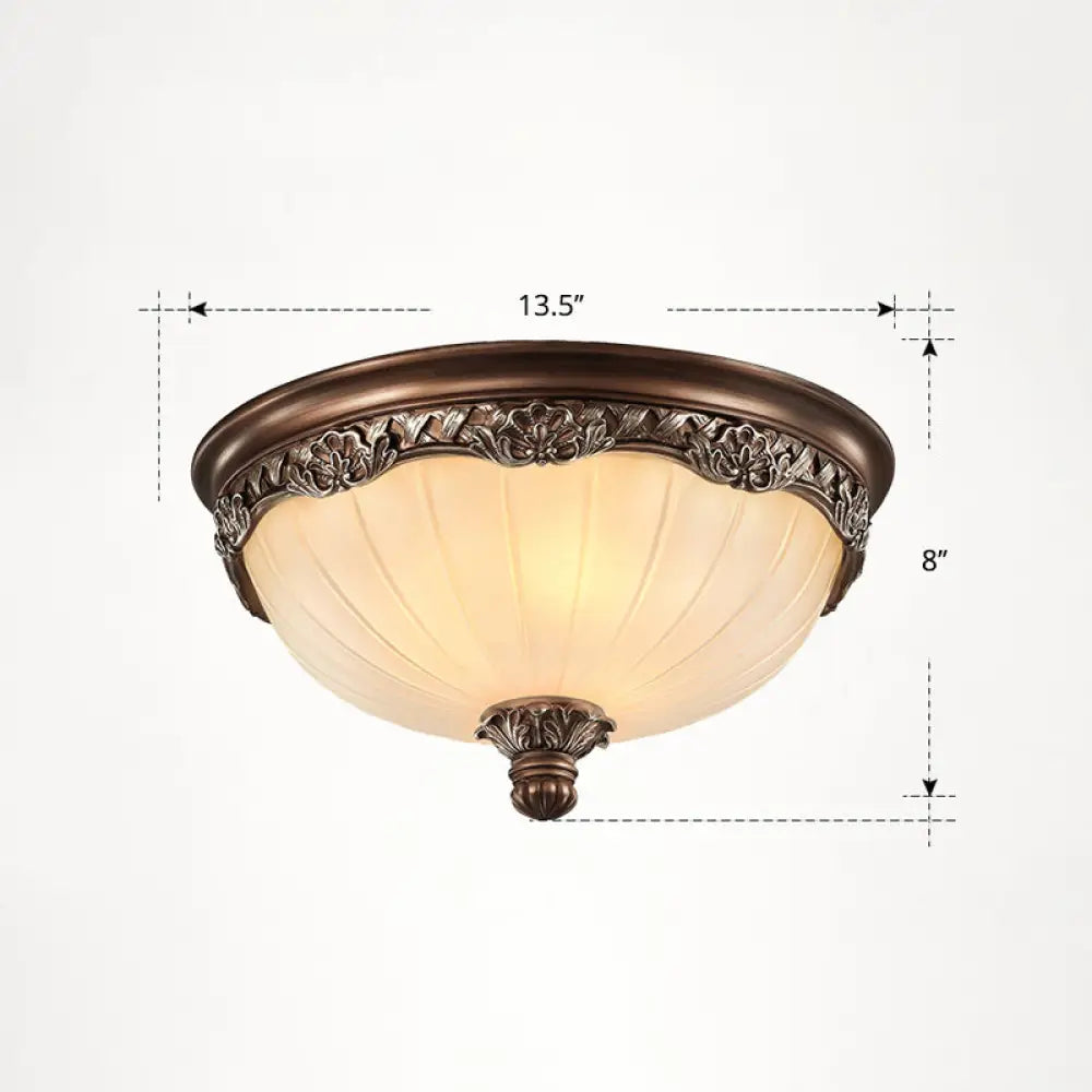 Country Style Dome Ceiling Mount Lamp For Bedroom - Opal Rib Glass Flush Light Fixture Brown / Small