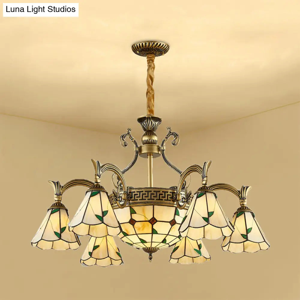 Country Style Dome Pendant Light With Stained Glass Chandelier In Beige - 9/11 Cone Lights