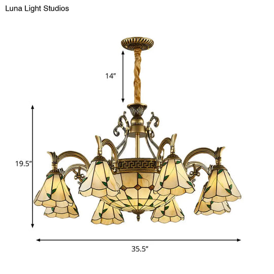 Country Style Dome Pendant Light With Stained Glass Chandelier In Beige - 9/11 Cone Lights