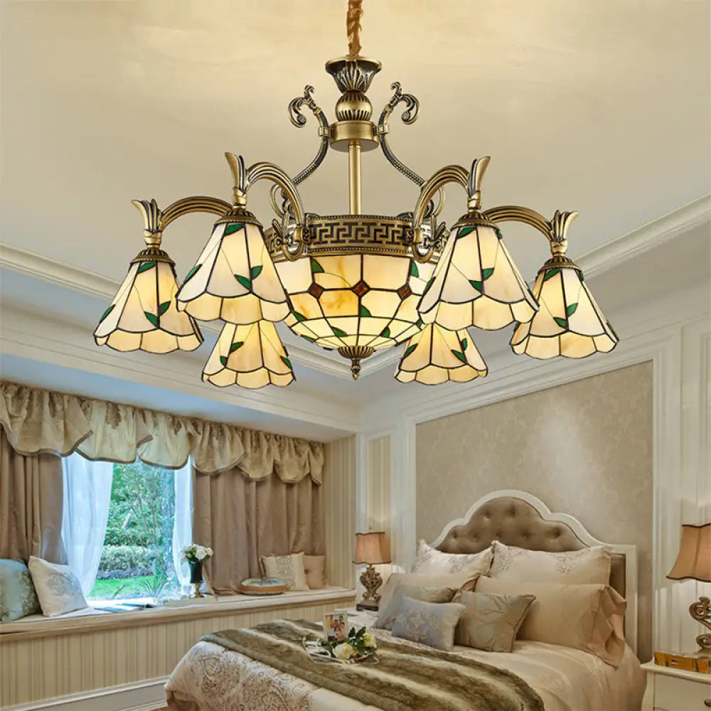Country Style Dome Pendant Light With Stained Glass Chandelier In Beige - 9/11 Cone Lights 9 /