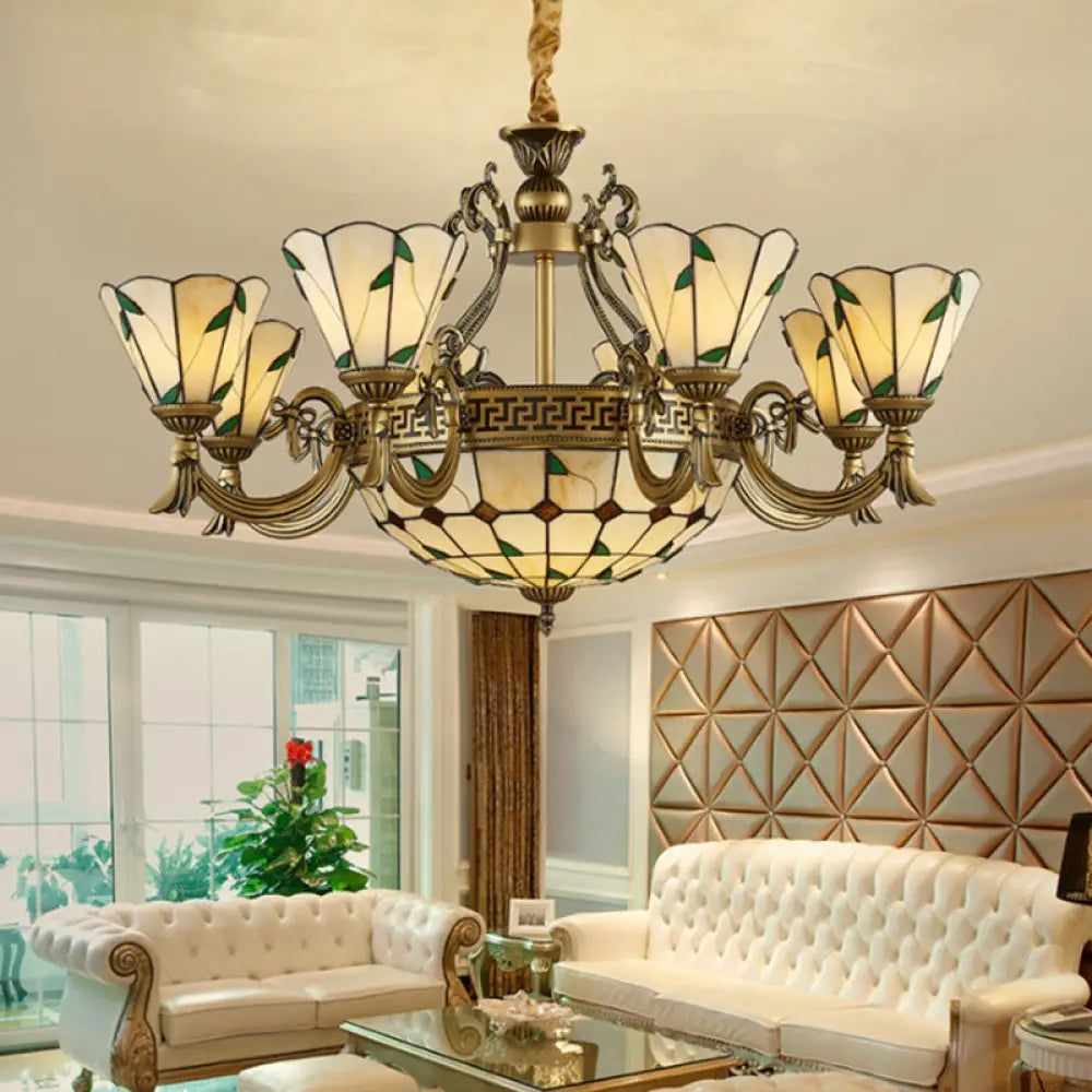 Country Style Dome Pendant Light With Stained Glass Chandelier In Beige - 9/11 Cone Lights 11 /