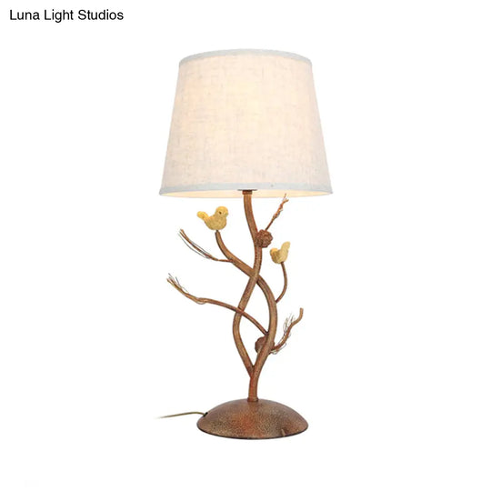 Country Style Drum Bedroom Night Table Lamp With Tree And Bird Design - Beige 1-Light Desk Light