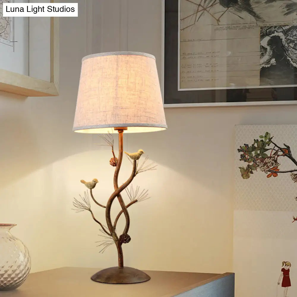 Country Style Drum Bedroom Night Table Lamp With Tree And Bird Design - Beige 1-Light Desk Light