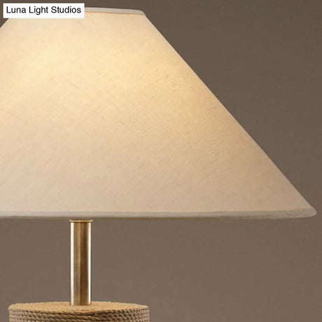 Country Style Fabric Empire Shade Table Lamp: 1-Light Night Light With Rope Pedestal In Flaxen