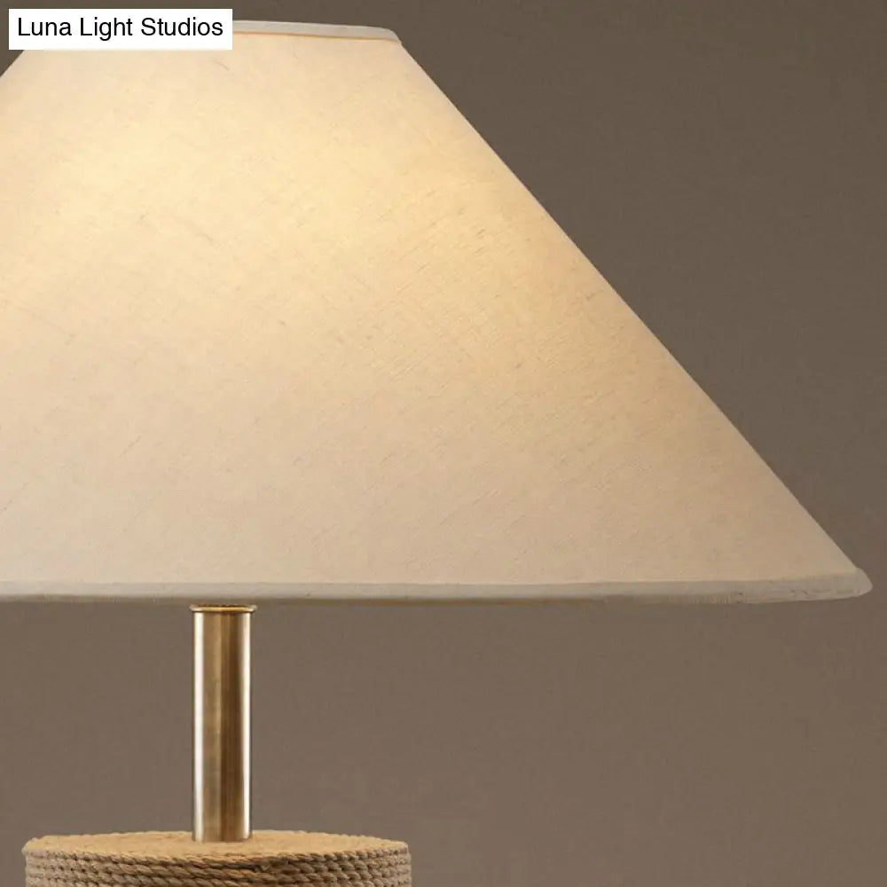 Country Style Fabric Empire Shade Table Lamp: 1-Light Night Light With Rope Pedestal In Flaxen