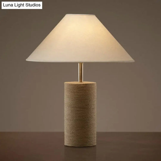 Country Style Fabric Empire Shade Table Lamp: 1-Light Night Light With Rope Pedestal In Flaxen