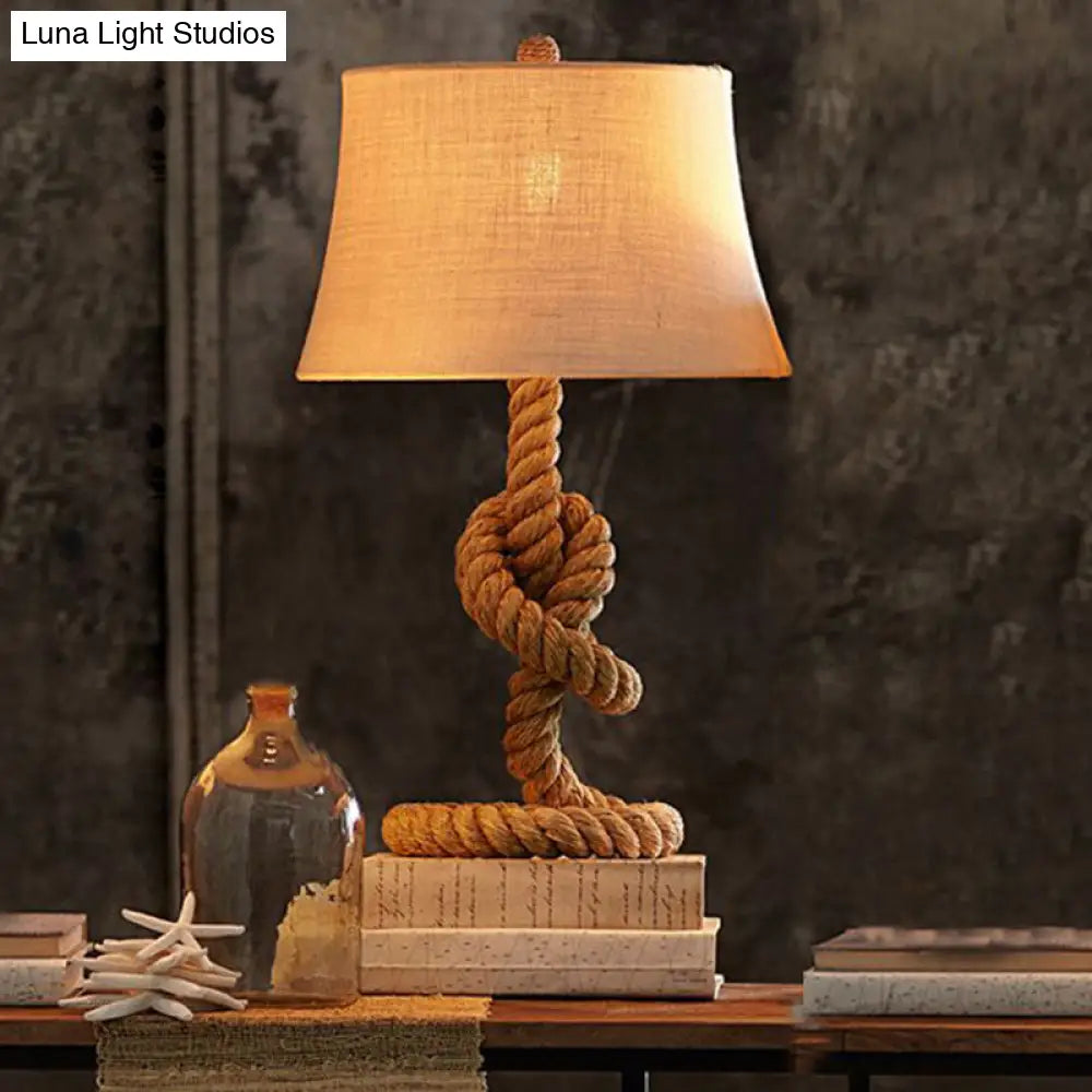 Country Style Fabric Empire Shade Table Lamp: 1-Light Night Light With Rope Pedestal In Flaxen