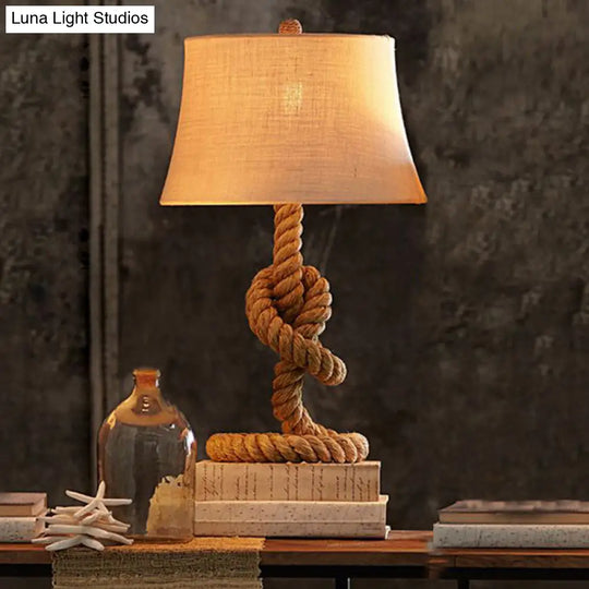 Country Style Fabric Empire Shade Table Lamp: 1-Light Night Light With Rope Pedestal In Flaxen