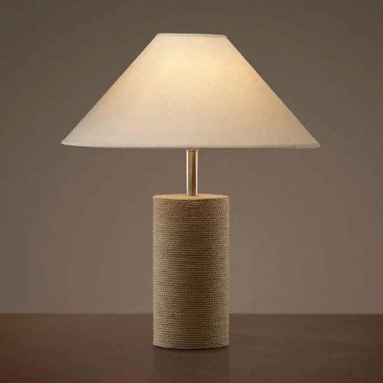 Country Style Fabric Empire Shade Table Lamp: 1-Light Night Light With Rope Pedestal In Flaxen /