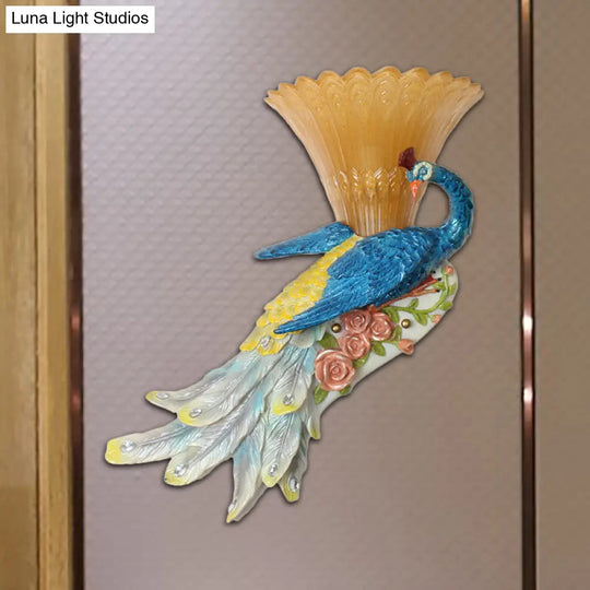 Country Style Flared Wall Sconce With Blue Peacock Design - 1 Bulb Amber Glass And Resin Lighting