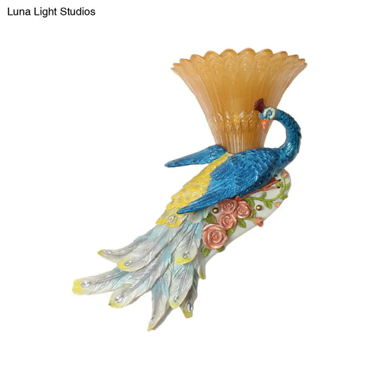 Country Style Flared Wall Sconce With Blue Peacock Design - 1 Bulb Amber Glass And Resin Lighting