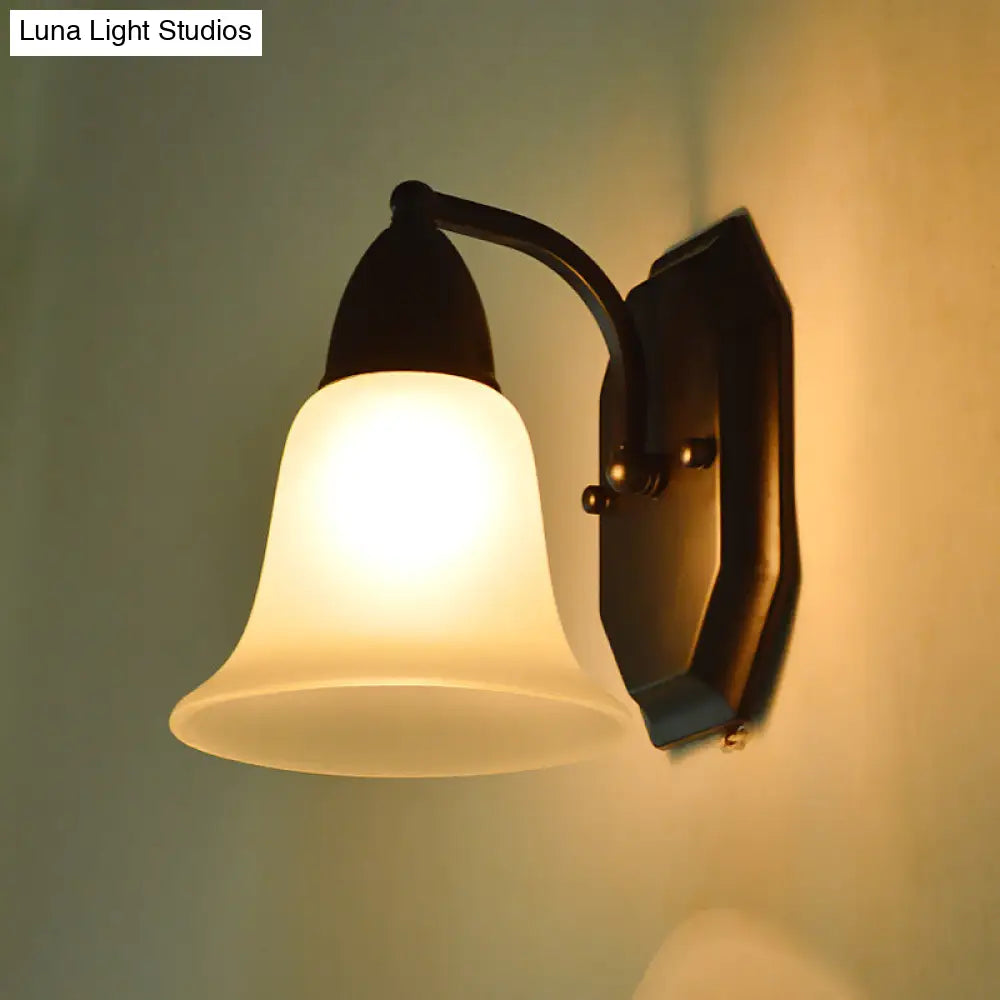 Country Style Frosted Glass Flared Wall Lamp In Black: Single Corridor Light