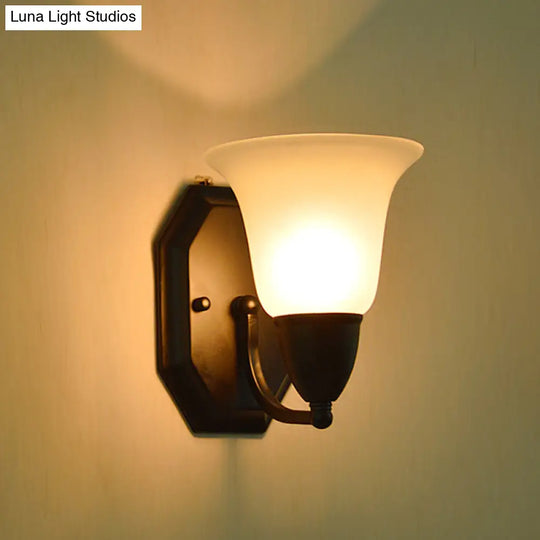 Country Style Frosted Glass Flared Wall Lamp In Black: Single Corridor Light