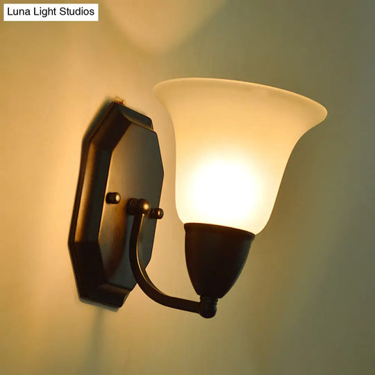 Country Style Frosted Glass Flared Wall Lamp In Black: Single Corridor Light