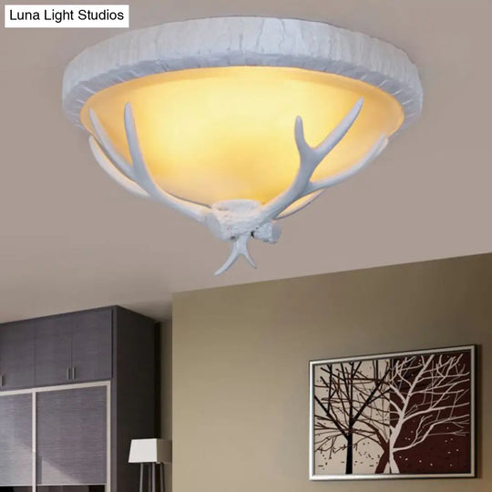 Country-Style Frosted Glass Flush Lamp With Elk Pattern - 3 Lights In White White