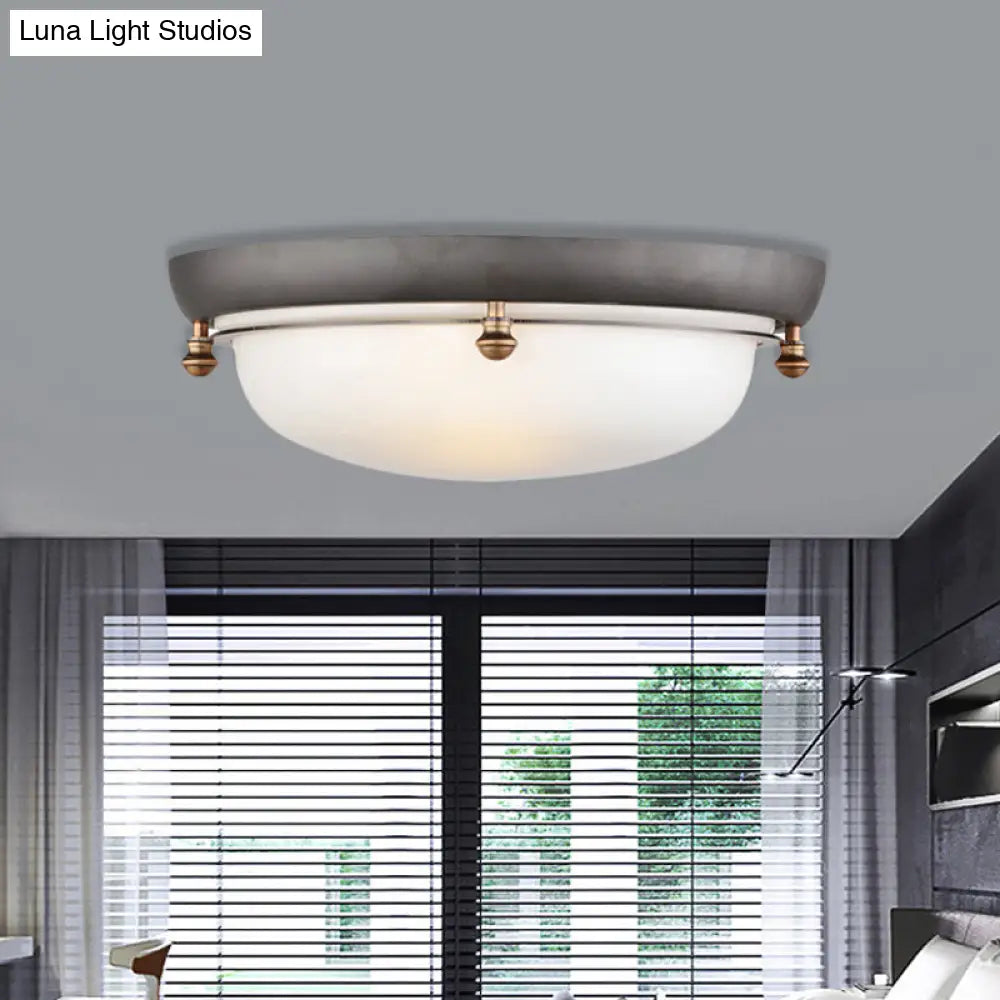 Country Style Glass Dome Flush Mount Ceiling Light With 3 Bulbs For Bedroom