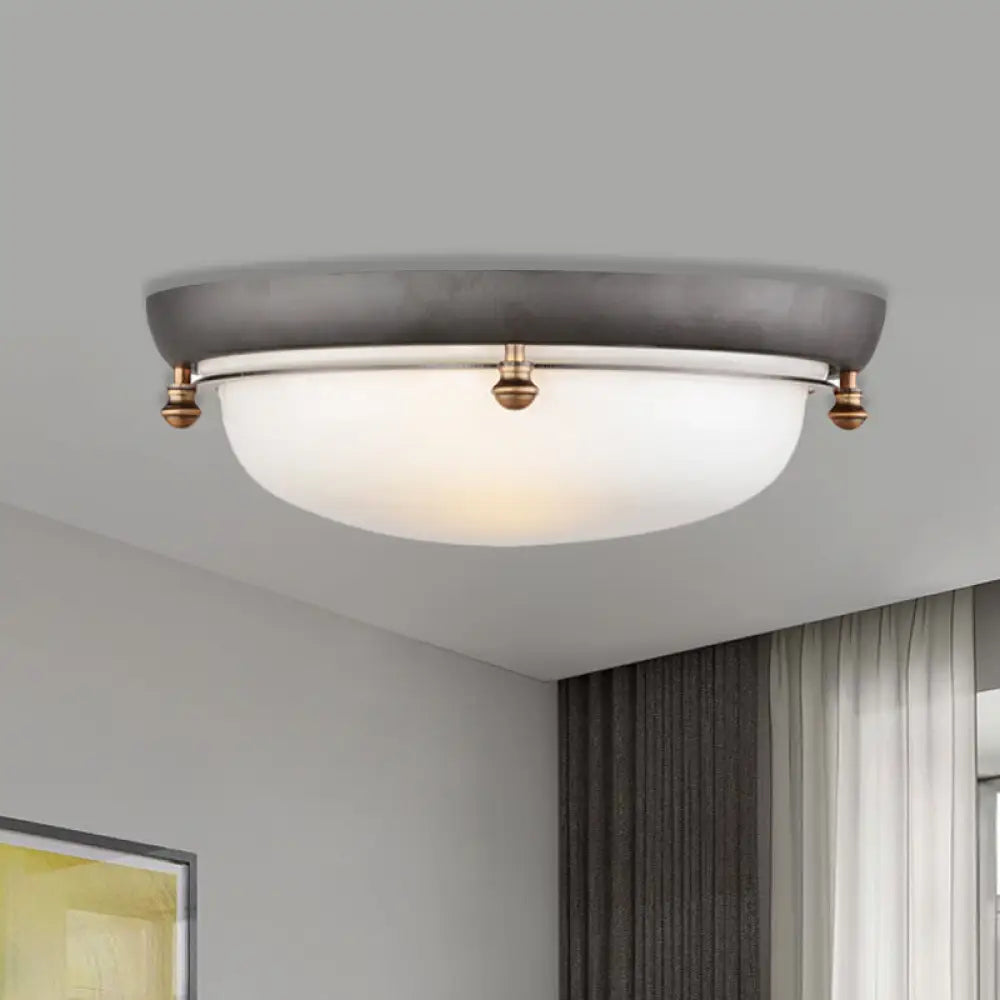 Country Style Glass Dome Flush Mount Ceiling Light With 3 Bulbs For Bedroom White