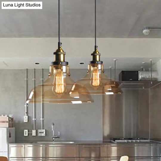 Clear/Smoke Grey Glass Barn Pendant Lamp Country Style Dining Room Hanging Light In Brass/Black