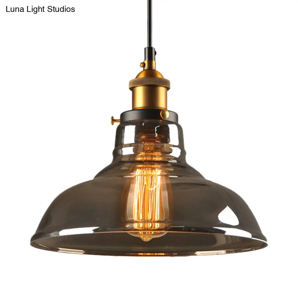 Country Style Glass Pendant Lamp In Clear/Smoke Grey With 1 Head And Brass/Black Finish For Dining