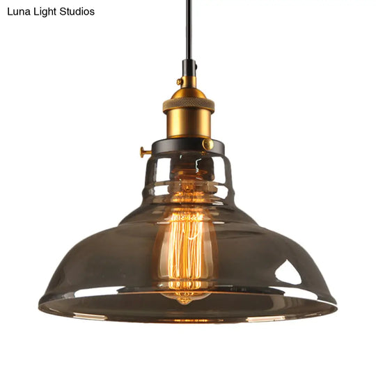 Country Style Glass Pendant Lamp In Clear/Smoke Grey With 1 Head And Brass/Black Finish For Dining