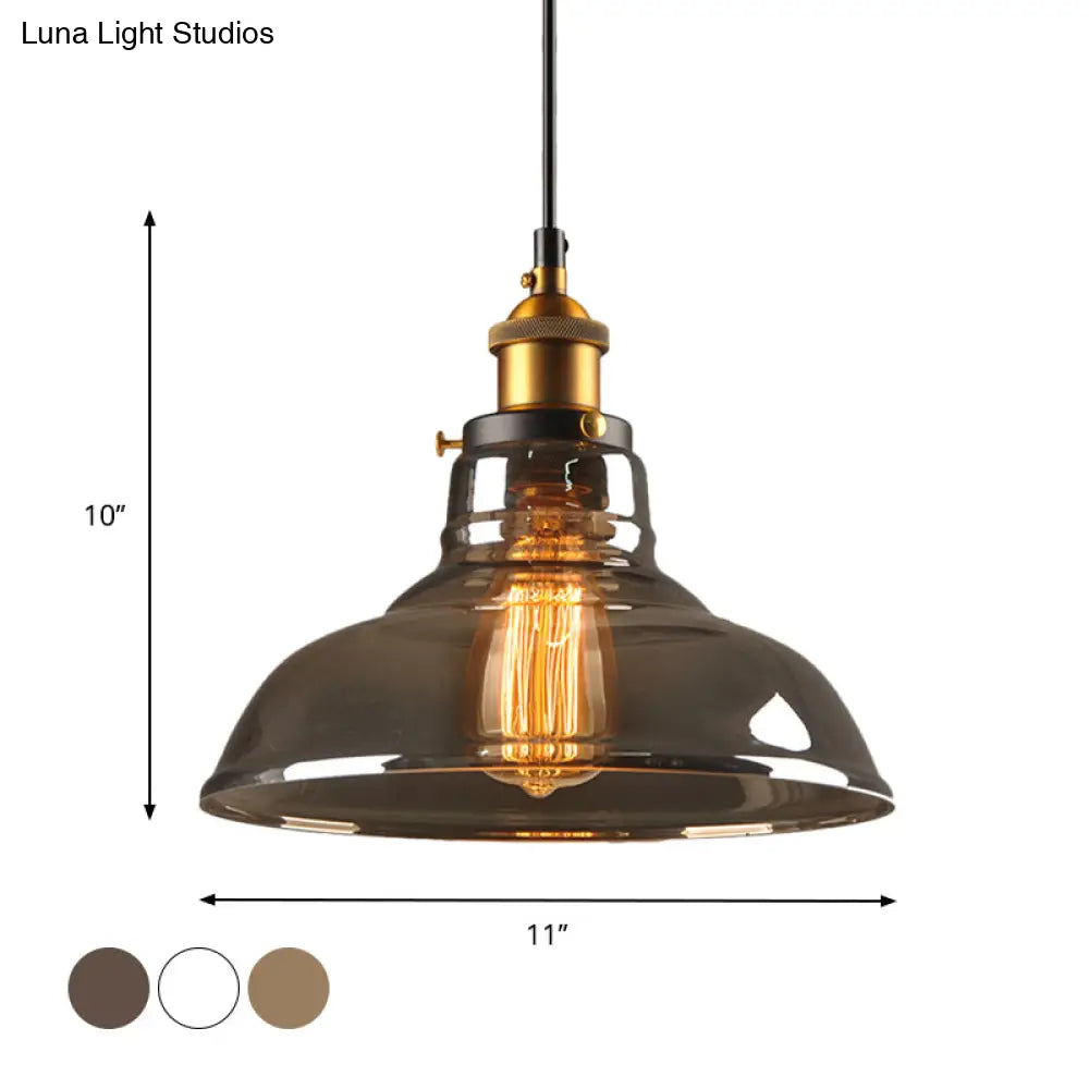 Country Style Glass Pendant Lamp In Clear/Smoke Grey With 1 Head And Brass/Black Finish For Dining