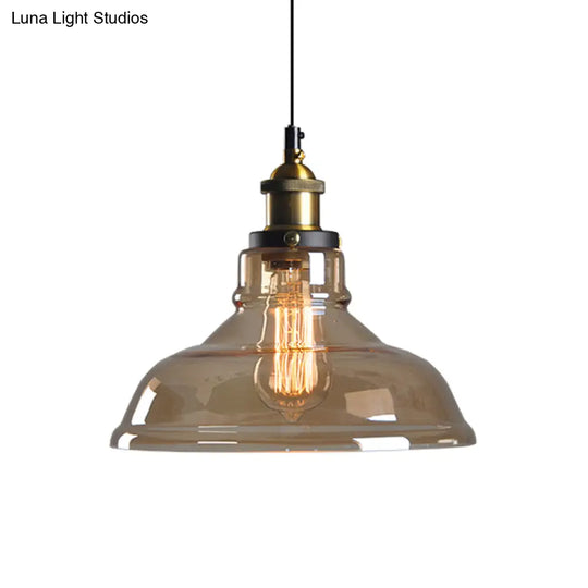 Country Style Glass Pendant Lamp In Clear/Smoke Grey With 1 Head And Brass/Black Finish For Dining