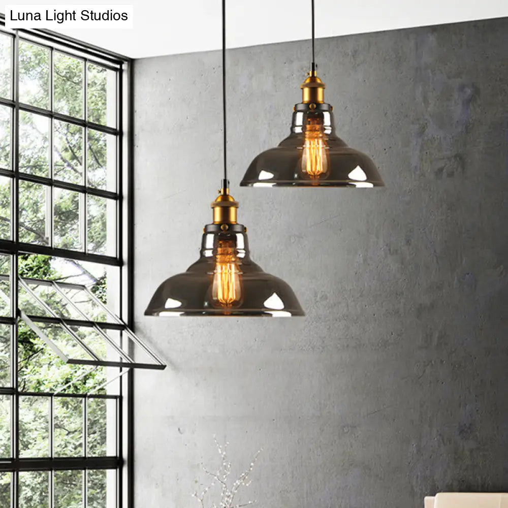 Country Style Glass Pendant Lamp In Clear/Smoke Grey With 1 Head And Brass/Black Finish For Dining