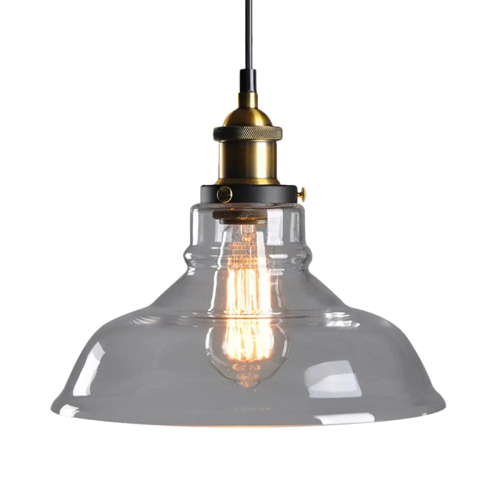 Country Style Glass Pendant Lamp In Clear/Smoke Grey With 1 Head And Brass/Black Finish For Dining
