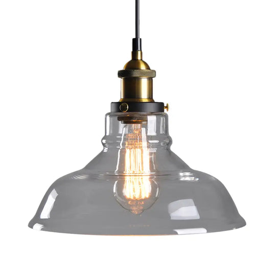 Country Style Glass Pendant Lamp In Clear/Smoke Grey With 1 Head And Brass/Black Finish For Dining