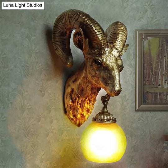 Country Style Goat Resin Gold Sconce Lamp - 1-Light Wall Mounted Lighting With Crystal/Glass Shade