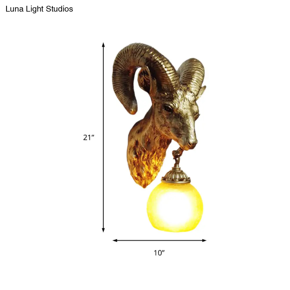 Country Style Goat Resin Gold Sconce Lamp - 1-Light Wall Mounted Lighting With Crystal/Glass Shade