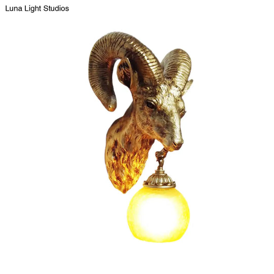 Country Style Goat Resin Gold Sconce Lamp - 1-Light Wall Mounted Lighting With Crystal/Glass Shade