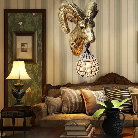 Country Style Goat Resin Gold Sconce Lamp - 1-Light Wall Mounted Lighting With Crystal/Glass Shade /