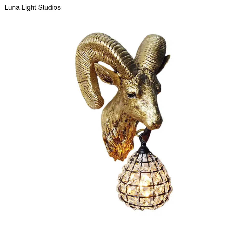 Country Style Goat Resin Gold Sconce Lamp - 1-Light Wall Mounted Lighting With Crystal/Glass Shade