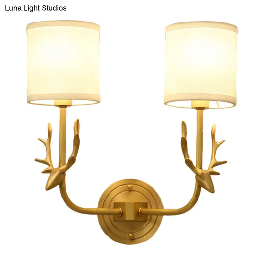 Country Style Gold Deer Wall Mounted Light With Dual Metal Heads And Cylinder Fabric Shade