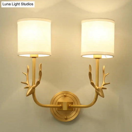 Country Style Gold Deer Wall Mounted Light With Dual Metal Heads And Cylinder Fabric Shade