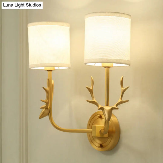 Country Style Gold Deer Wall Mounted Light With Dual Metal Heads And Cylinder Fabric Shade