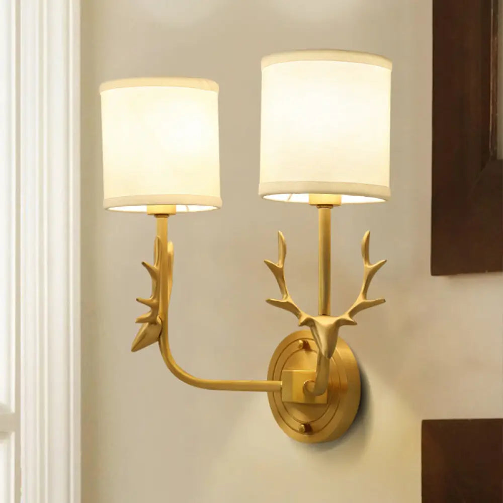 Country Style Gold Deer Wall Mounted Light With Dual Metal Heads And Cylinder Fabric Shade